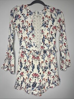 Honey Punch Floral Lace-Front Romper in Cream with Navy & Coral Floral Print